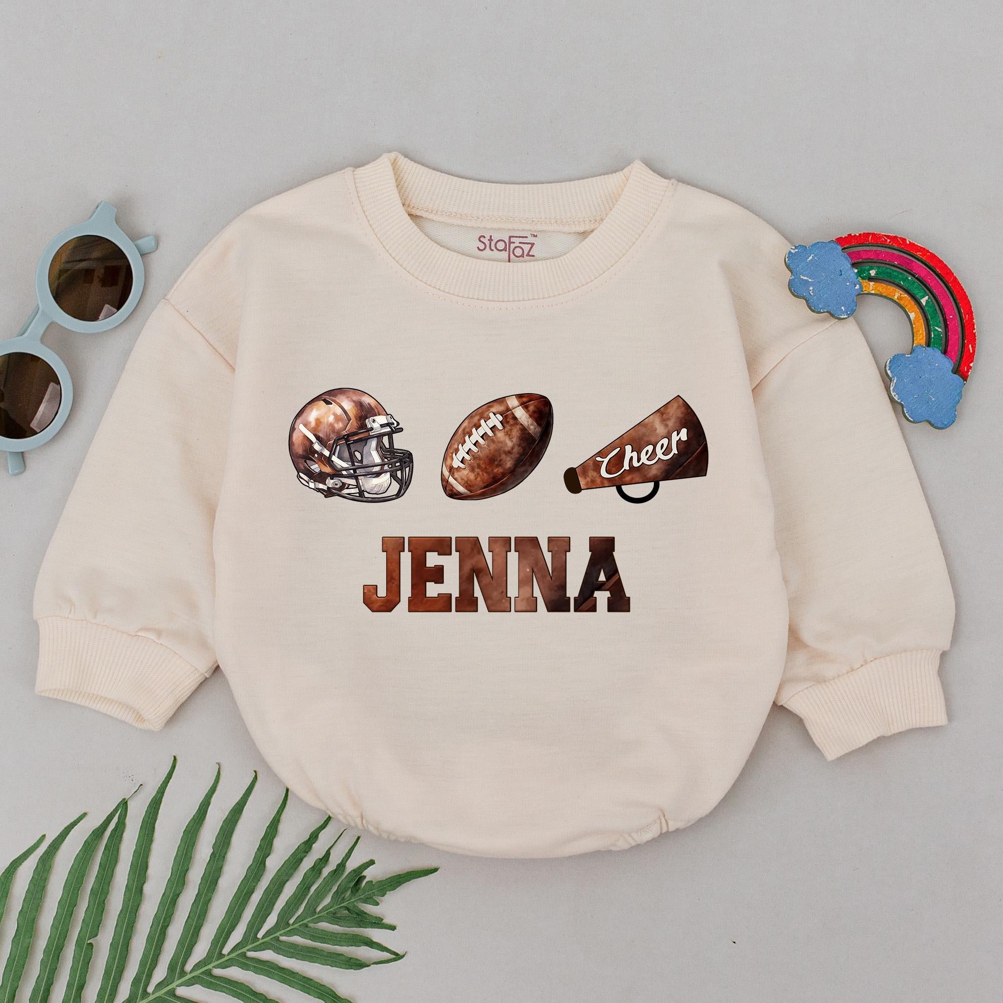 Personalized Baby Girl Football Romper with Retro Helmet Design Jenna's Gameday Cotton Outfit Comfortable Soft Nostalgic Gift Idea