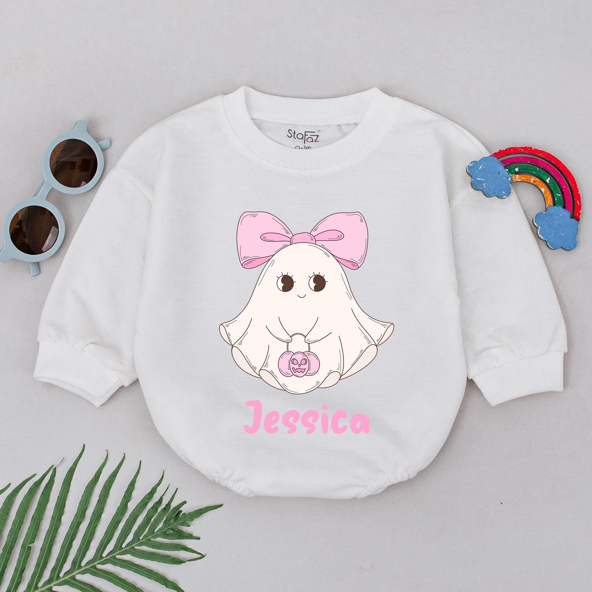 Personalized Baby Girl Halloween Romper Cute Ghost with Pink Bow Pumpkin First Holiday Outfit Soft Cotton Newborn Gift Spooky Season Fun