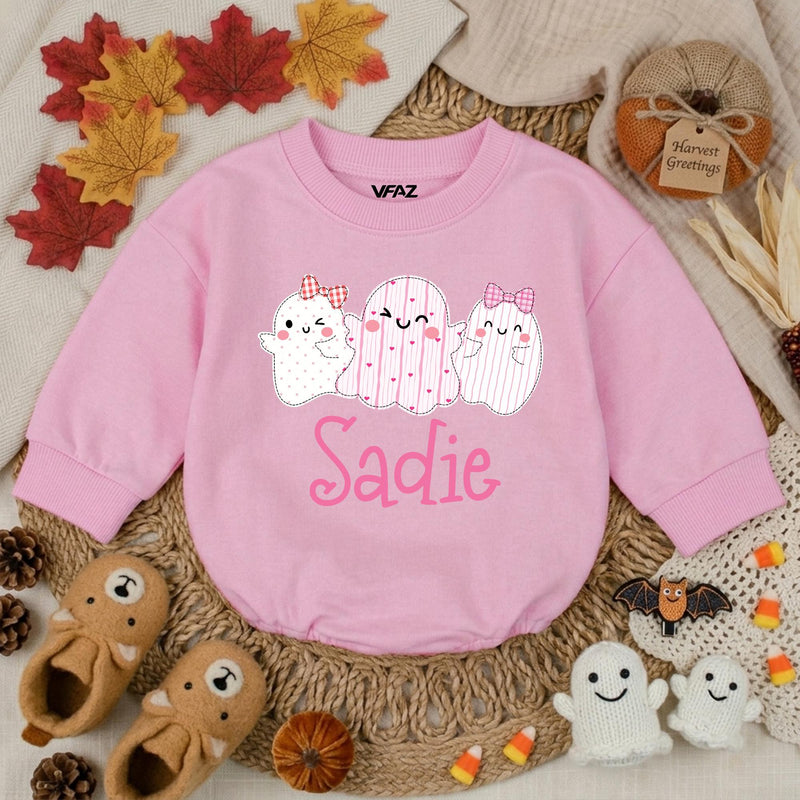 Personalized Baby Girl Halloween Romper with Cute Ghosts Artwork, Custom Name Bodysuit, Ultra-Soft Cotton, Matching Family First Halloween Outfit