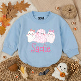 Personalized Baby Girl Halloween Romper with Cute Ghosts Artwork, Custom Name Bodysuit, Ultra-Soft Cotton, Matching Family First Halloween Outfit