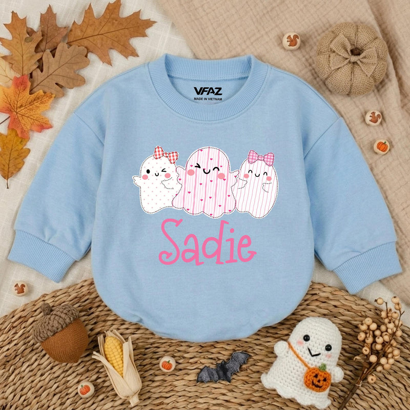 Personalized Baby Girl Halloween Romper with Cute Ghosts Artwork, Custom Name Bodysuit, Ultra-Soft Cotton, Matching Family First Halloween Outfit