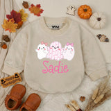 Personalized Baby Girl Halloween Romper with Cute Ghosts Artwork, Custom Name Bodysuit, Ultra-Soft Cotton, Matching Family First Halloween Outfit