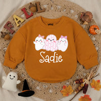 Personalized Baby Girl Halloween Romper with Cute Ghosts Artwork, Custom Name Bodysuit, Ultra-Soft Cotton, Matching Family First Halloween Outfit