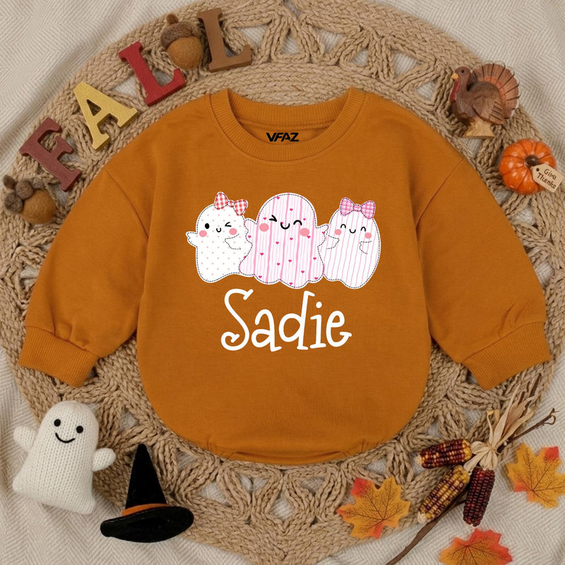 Personalized Baby Girl Halloween Romper with Cute Ghosts Artwork, Custom Name Bodysuit, Ultra-Soft Cotton, Matching Family First Halloween Outfit