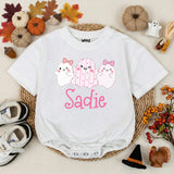 Personalized Baby Girl Halloween Romper with Cute Ghosts Artwork, Custom Name Bodysuit, Ultra-Soft Cotton, Matching Family First Halloween Outfit