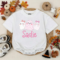 Personalized Baby Girl Halloween Romper with Cute Ghosts Artwork, Custom Name Bodysuit, Ultra-Soft Cotton, Matching Family First Halloween Outfit