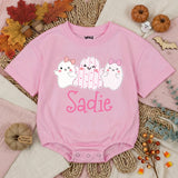 Personalized Baby Girl Halloween Romper with Cute Ghosts Artwork, Custom Name Bodysuit, Ultra-Soft Cotton, Matching Family First Halloween Outfit