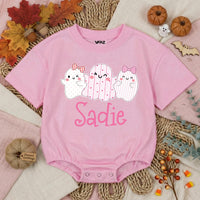 Personalized Baby Girl Halloween Romper with Cute Ghosts Artwork, Custom Name Bodysuit, Ultra-Soft Cotton, Matching Family First Halloween Outfit