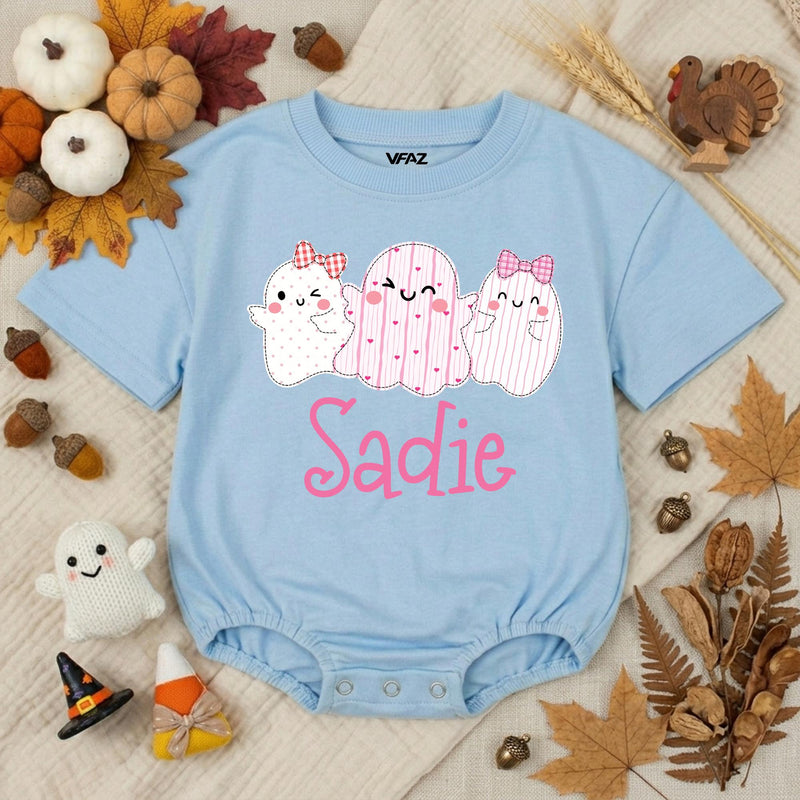 Personalized Baby Girl Halloween Romper with Cute Ghosts Artwork, Custom Name Bodysuit, Ultra-Soft Cotton, Matching Family First Halloween Outfit