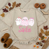 Personalized Baby Girl Halloween Romper with Cute Ghosts Artwork, Custom Name Bodysuit, Ultra-Soft Cotton, Matching Family First Halloween Outfit