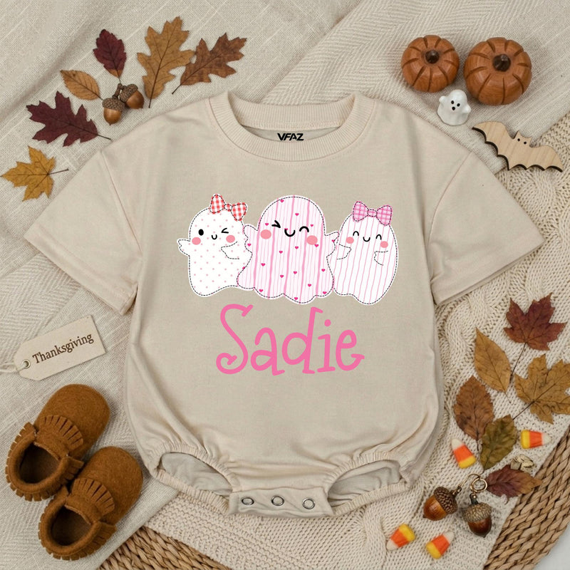 Personalized Baby Girl Halloween Romper with Cute Ghosts Artwork, Custom Name Bodysuit, Ultra-Soft Cotton, Matching Family First Halloween Outfit