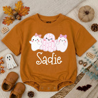 Personalized Baby Girl Halloween Romper with Cute Ghosts Artwork, Custom Name Bodysuit, Ultra-Soft Cotton, Matching Family First Halloween Outfit