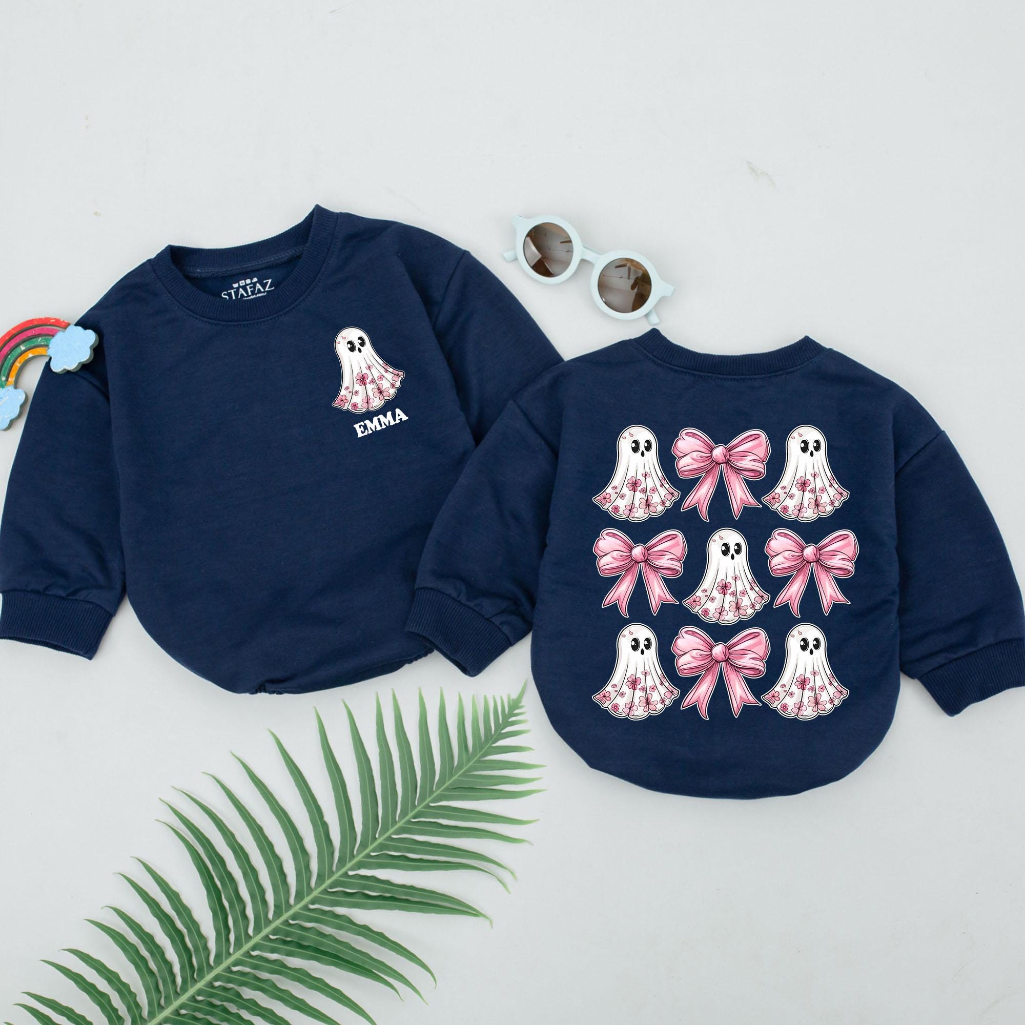 Personalized Baby Girl Halloween Romper with Cute Ghosts and Pink Bows Soft Cotton First Spooky Season Outfit Baby Shower Gift