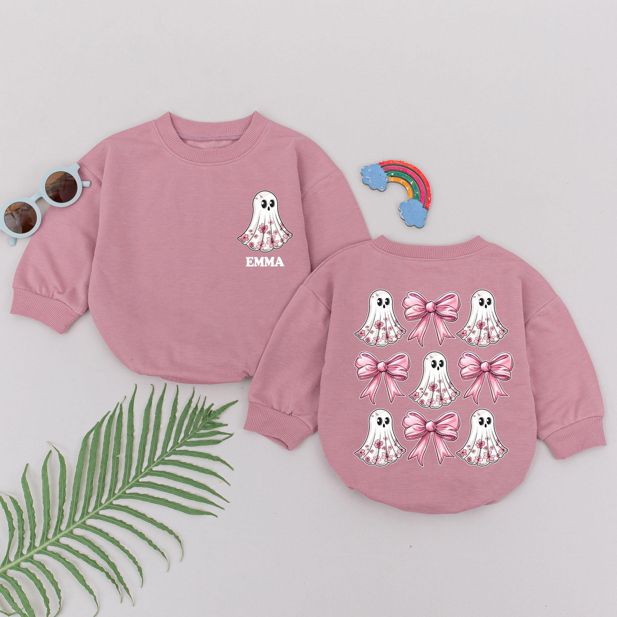 Personalized Baby Girl Halloween Romper with Cute Ghosts and Pink Bows Soft Cotton First Spooky Season Outfit Baby Shower Gift