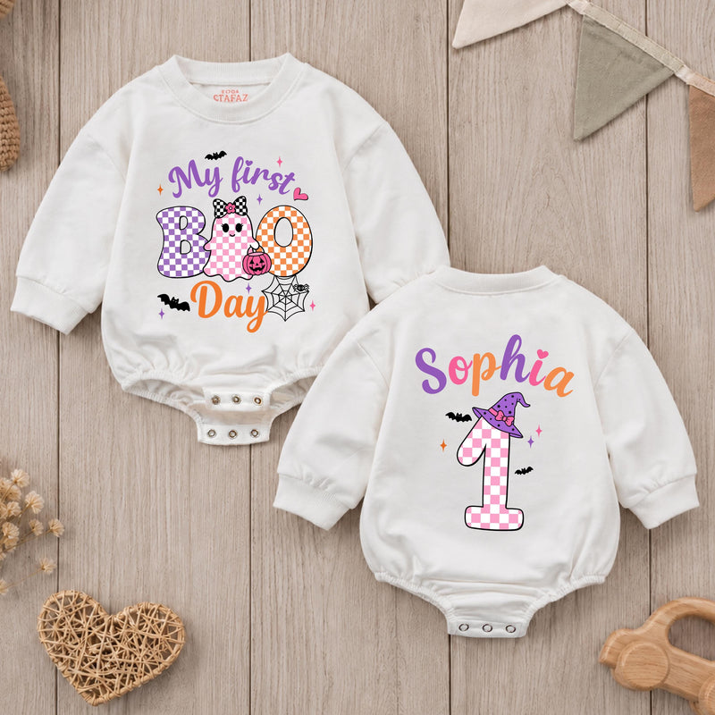 Personalized Baby Girl Halloween Romper with My First Boo Day Design, Soft Cotton Outfit for First Birthday or Fall Celebrations