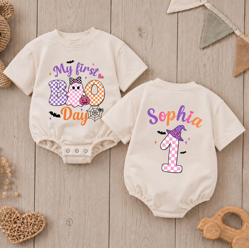 Personalized Baby Girl Halloween Romper with My First Boo Day Design, Soft Cotton Outfit for First Birthday or Fall Celebrations