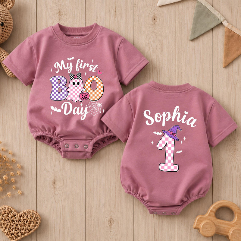 Personalized Baby Girl Halloween Romper with My First Boo Day Design, Soft Cotton Outfit for First Birthday or Fall Celebrations
