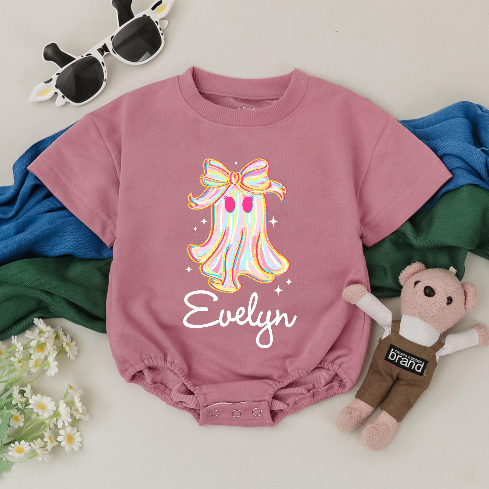 Personalized Baby Girl Halloween Romper with Whimsical Ghost and Bow Birthday Outfit Soft Cotton Custom Name Evelyn Festive Holiday Gift