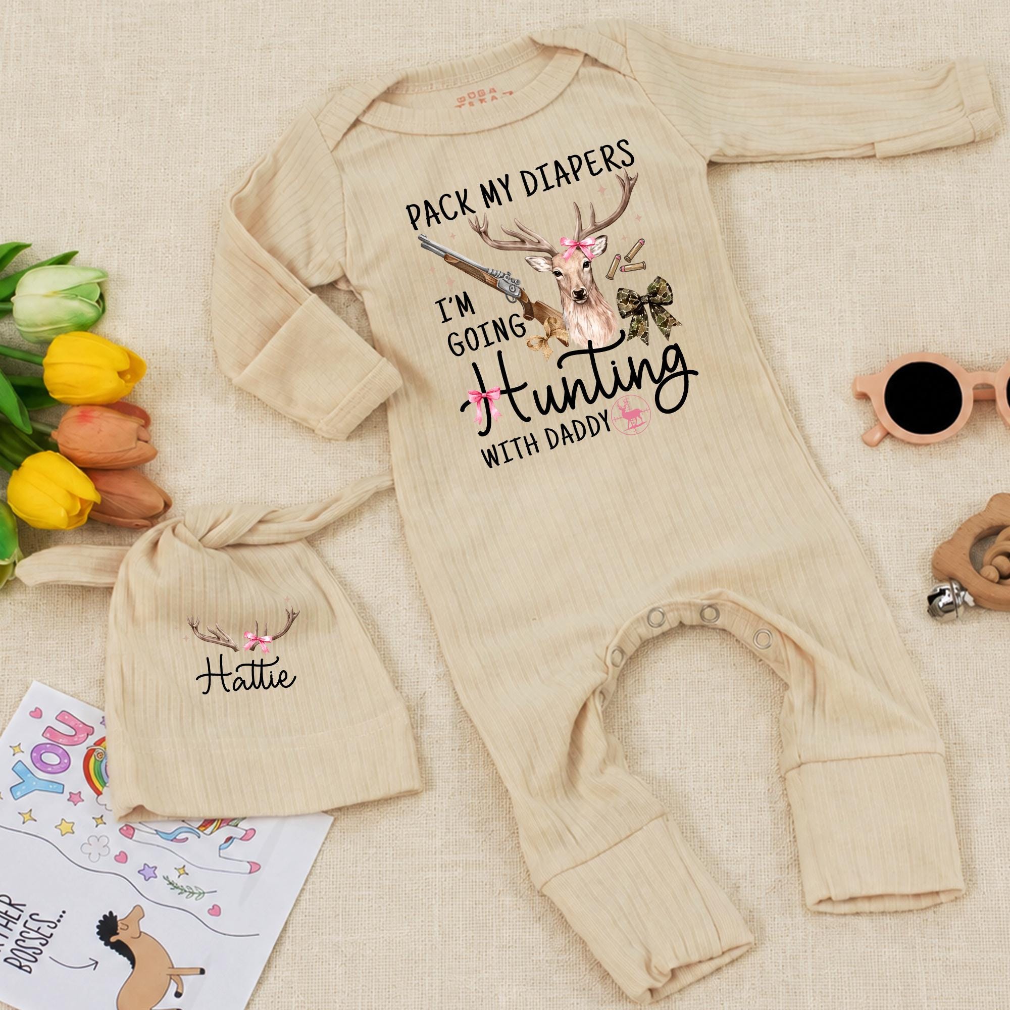 Personalized Baby Girl Hunting Outfit with Deer Artwork, Custom Name Hat, Ribbed Cotton Bodysuit Set for Newborn Coming Home Gift