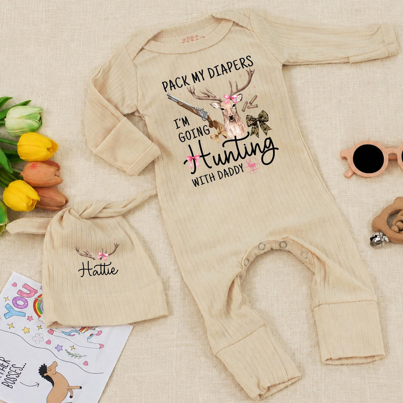 Personalized Baby Girl Hunting Outfit with Deer Artwork, Custom Name Hat, Ribbed Cotton Bodysuit Set for Newborn Coming Home Gift