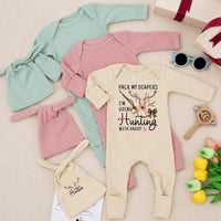 Personalized Baby Girl Hunting Outfit with Deer Artwork, Custom Name Hat, Ribbed Cotton Bodysuit Set for Newborn Coming Home Gift