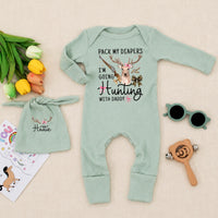 Personalized Baby Girl Hunting Outfit with Deer Artwork, Custom Name Hat, Ribbed Cotton Bodysuit Set for Newborn Coming Home Gift