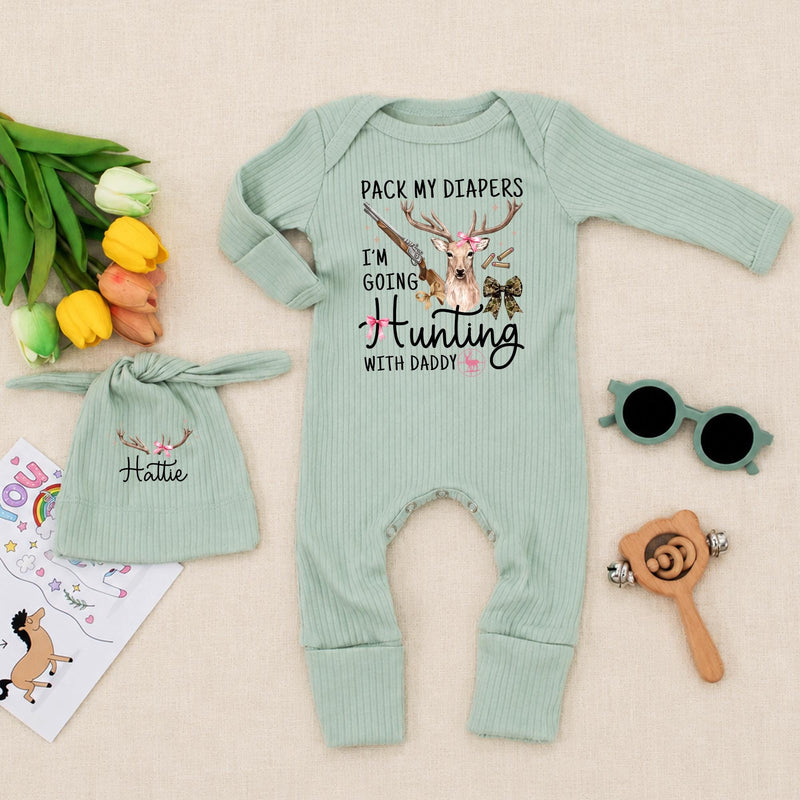 Personalized Baby Girl Hunting Outfit with Deer Artwork, Custom Name Hat, Ribbed Cotton Bodysuit Set for Newborn Coming Home Gift