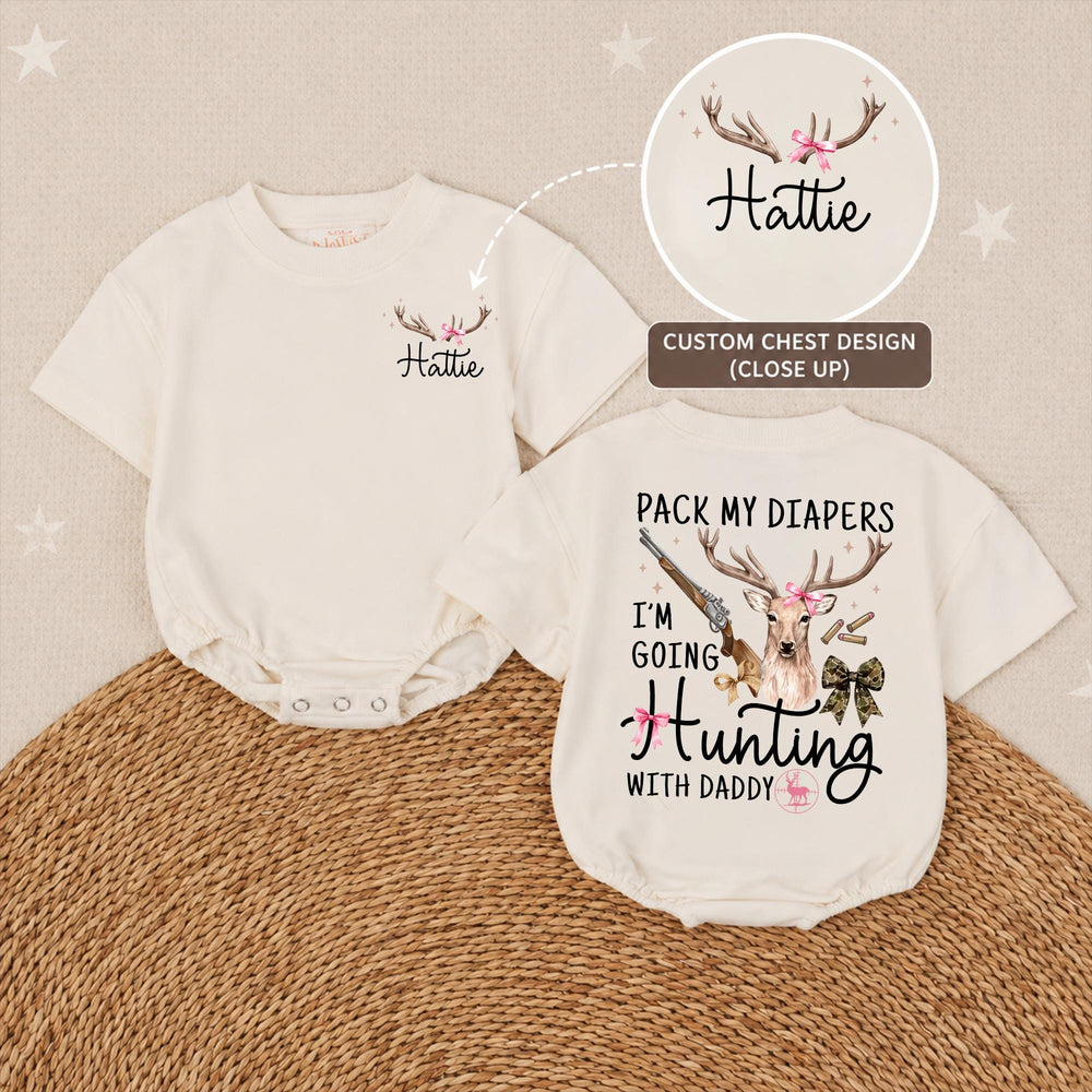 Personalized Baby Girl Hunting Outfit with Deer Bow Design, Pack My Diapers I’m Going Hunting with Daddy, Rustic Newborn Coming Home Gift