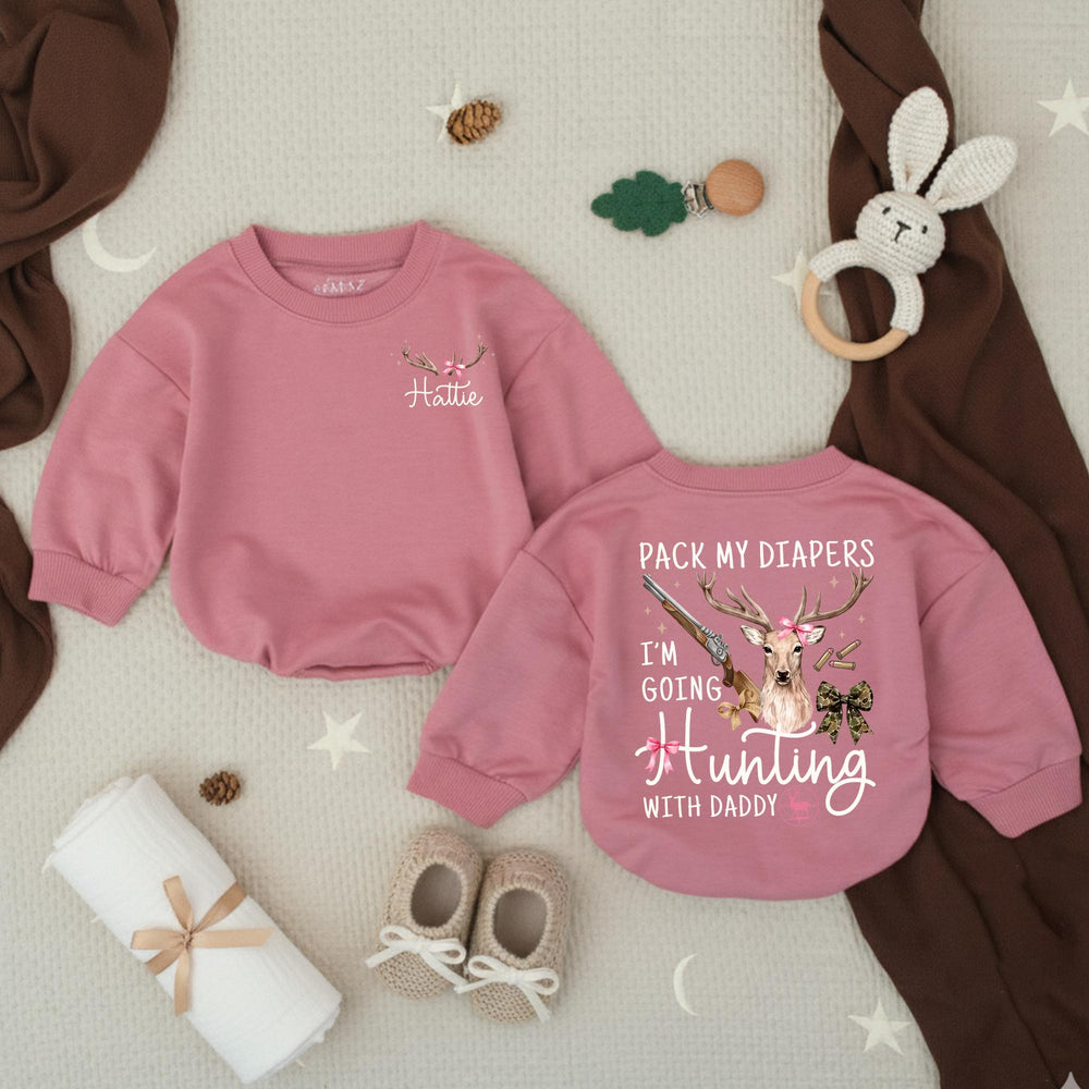 Personalized Baby Girl Hunting Outfit with Deer Bow Design, Pack My Diapers I’m Going Hunting with Daddy, Rustic Newborn Coming Home Gift