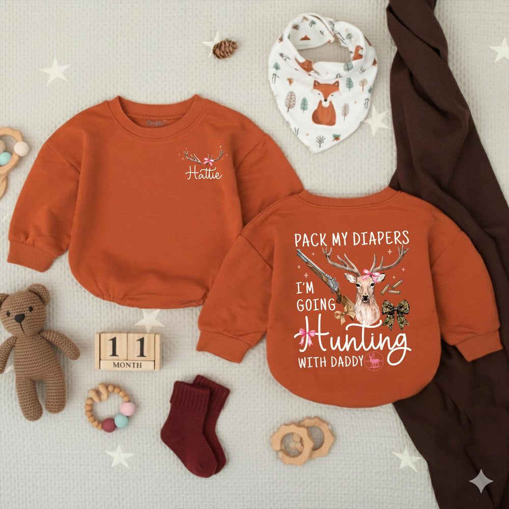 Personalized Baby Girl Hunting Outfit with Deer Bow Design, Pack My Diapers I’m Going Hunting with Daddy, Rustic Newborn Coming Home Gift