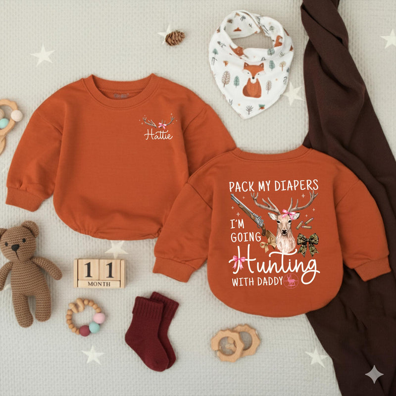 Personalized Baby Girl Hunting Outfit with Deer Bow Design, Pack My Diapers I’m Going Hunting with Daddy, Rustic Newborn Coming Home Gift