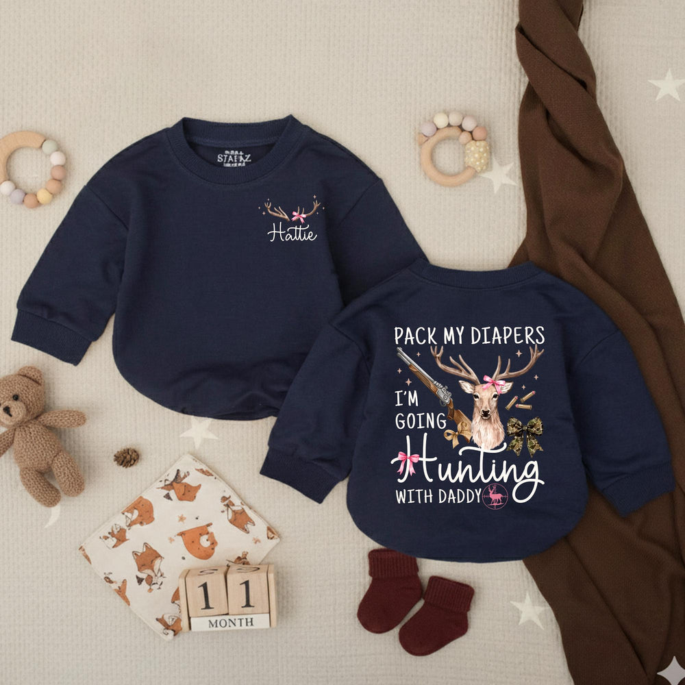 Personalized Baby Girl Hunting Outfit with Deer Bow Design, Pack My Diapers I’m Going Hunting with Daddy, Rustic Newborn Coming Home Gift