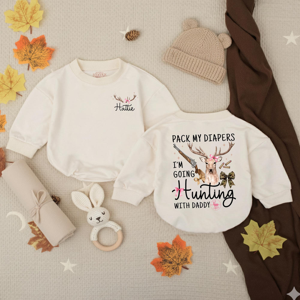 Personalized Baby Girl Hunting Outfit with Deer Bow Design, Pack My Diapers I’m Going Hunting with Daddy, Rustic Newborn Coming Home Gift