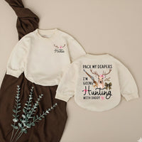 Personalized Baby Girl Hunting Outfit with Deer Bow Design, Pack My Diapers I’m Going Hunting with Daddy, Rustic Newborn Coming Home Gift