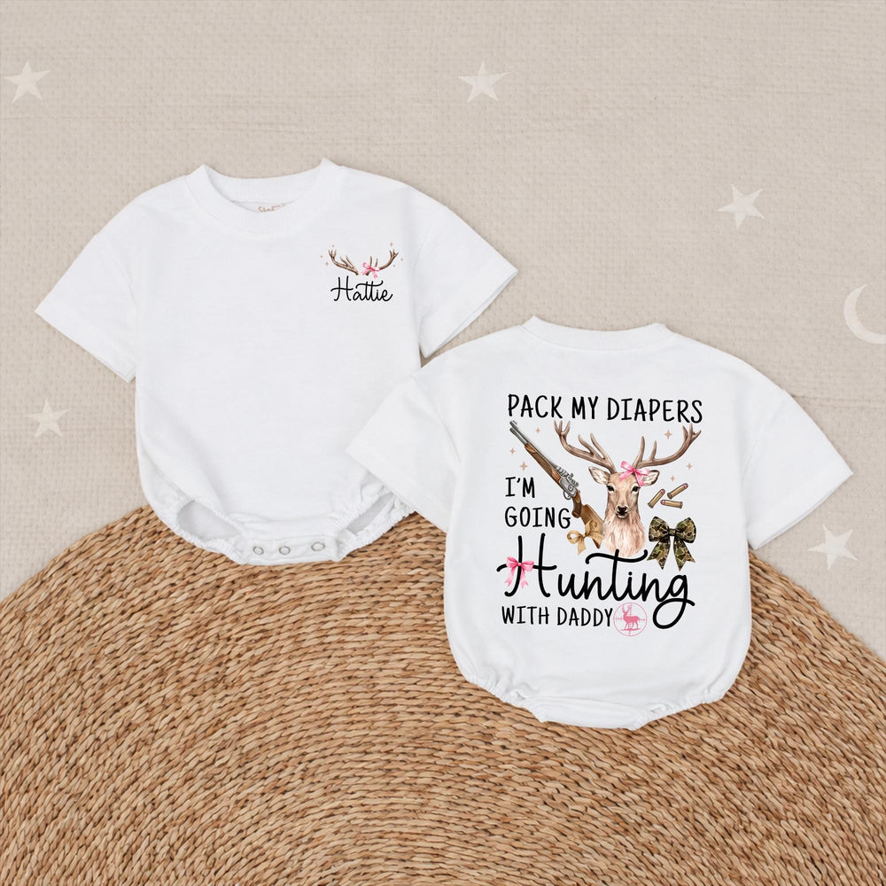 Personalized Baby Girl Hunting Outfit with Deer Bow Design, Pack My Diapers I’m Going Hunting with Daddy, Rustic Newborn Coming Home Gift