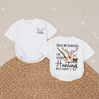 Personalized Baby Girl Hunting Outfit with Deer Bow Design, Pack My Diapers I’m Going Hunting with Daddy, Rustic Newborn Coming Home Gift