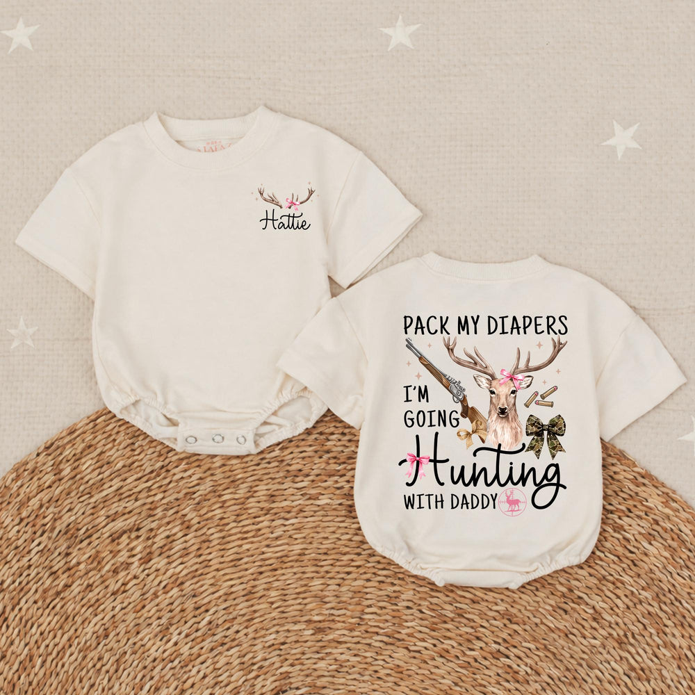 Personalized Baby Girl Hunting Outfit with Deer Bow Design, Pack My Diapers I’m Going Hunting with Daddy, Rustic Newborn Coming Home Gift
