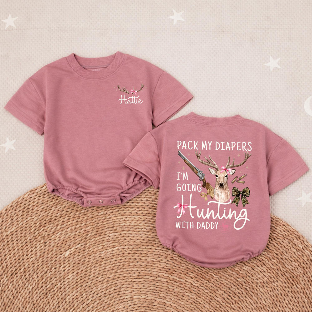 Personalized Baby Girl Hunting Outfit with Deer Bow Design, Pack My Diapers I’m Going Hunting with Daddy, Rustic Newborn Coming Home Gift