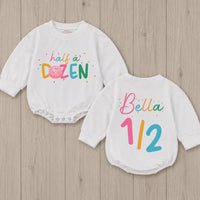 Personalized Baby Girl 6 Month Birthday Romper with Donut Theme Custom Name Outfit Soft Cotton Half A Dozen Cake Smash Party Clothes