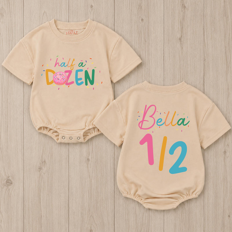 Personalized Baby Girl 6 Month Birthday Romper with Donut Theme Custom Name Outfit Soft Cotton Half A Dozen Cake Smash Party Clothes