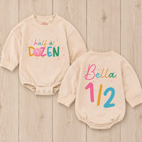 Personalized Baby Girl 6 Month Birthday Romper with Donut Theme Custom Name Outfit Soft Cotton Half A Dozen Cake Smash Party Clothes