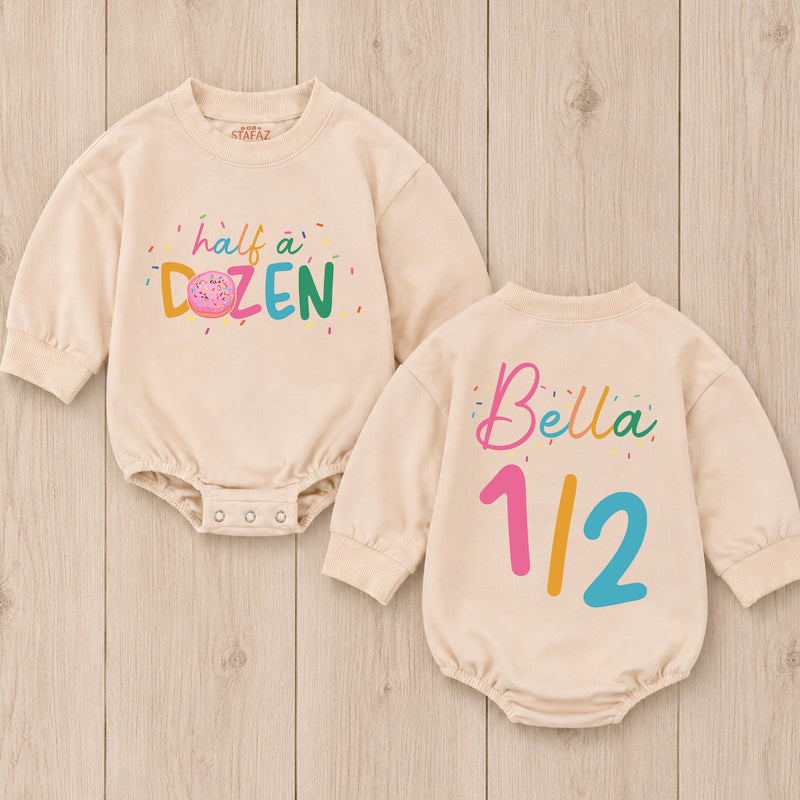 Personalized Baby Girl 6 Month Birthday Romper with Donut Theme Custom Name Outfit Soft Cotton Half A Dozen Cake Smash Party Clothes