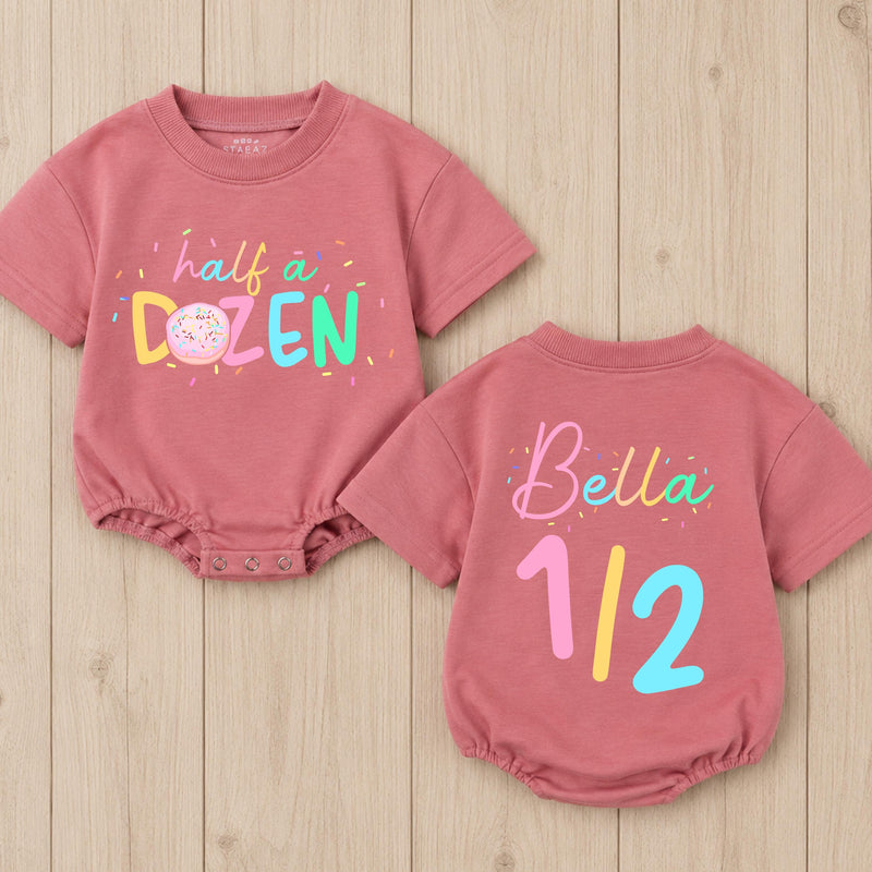 Personalized Baby Girl 6 Month Birthday Romper with Donut Theme Custom Name Outfit Soft Cotton Half A Dozen Cake Smash Party Clothes