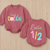 Personalized Baby Girl 6 Month Birthday Romper with Donut Theme Custom Name Outfit Soft Cotton Half A Dozen Cake Smash Party Clothes