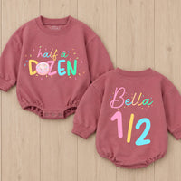 Personalized Baby Girl 6 Month Birthday Romper with Donut Theme Custom Name Outfit Soft Cotton Half A Dozen Cake Smash Party Clothes