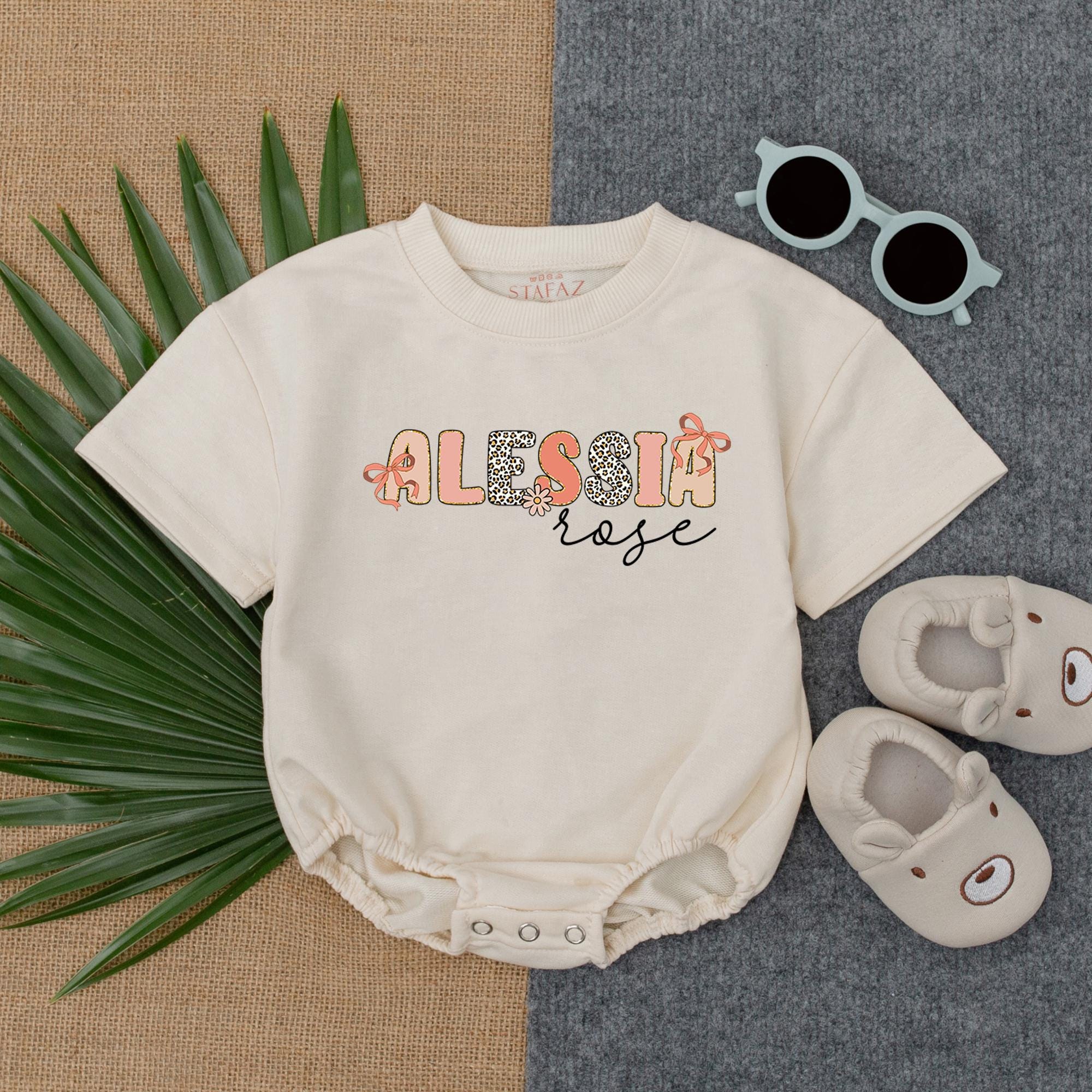 Personalized Baby Girl Name Romper Soft Pastel Colors Cute First Outfit Floral Polka Dot Stripes Going Home Newborn Gift