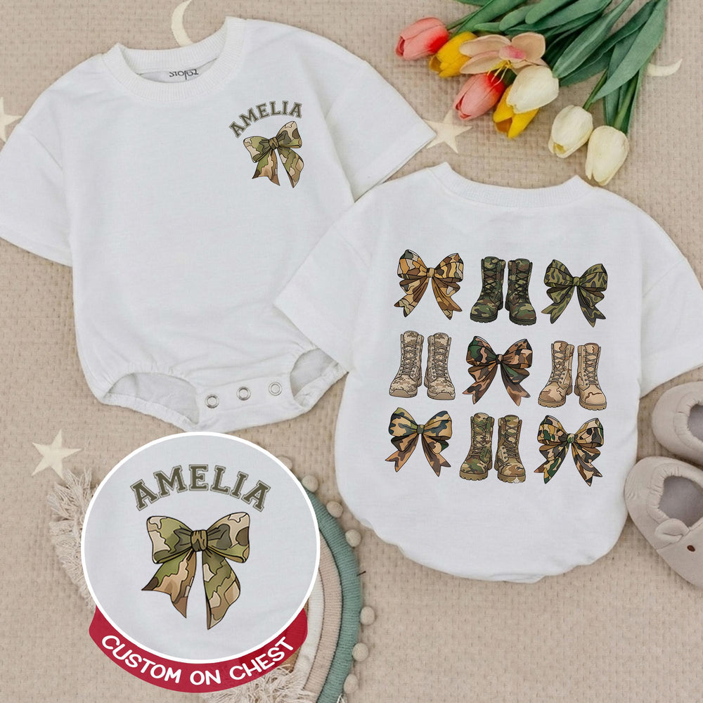 Personalized Baby Girl Romper with Camouflage Bow and Boots Design, Army Dad Gift, Soft Cotton Infant Outfit for Birthday or Holiday