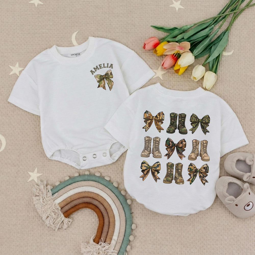 Personalized Baby Girl Romper with Camouflage Bow and Boots Design, Army Dad Gift, Soft Cotton Infant Outfit for Birthday or Holiday