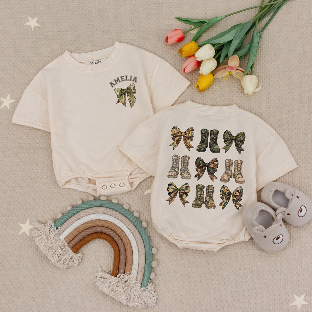 Personalized Baby Girl Romper with Camouflage Bow and Boots Design, Army Dad Gift, Soft Cotton Infant Outfit for Birthday or Holiday
