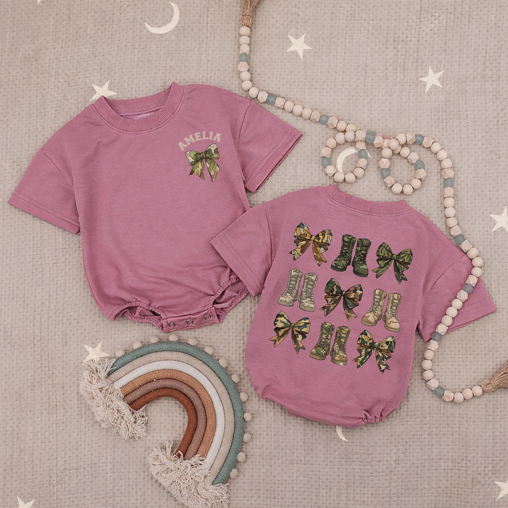 Personalized Baby Girl Romper with Camouflage Bow and Boots Design, Army Dad Gift, Soft Cotton Infant Outfit for Birthday or Holiday